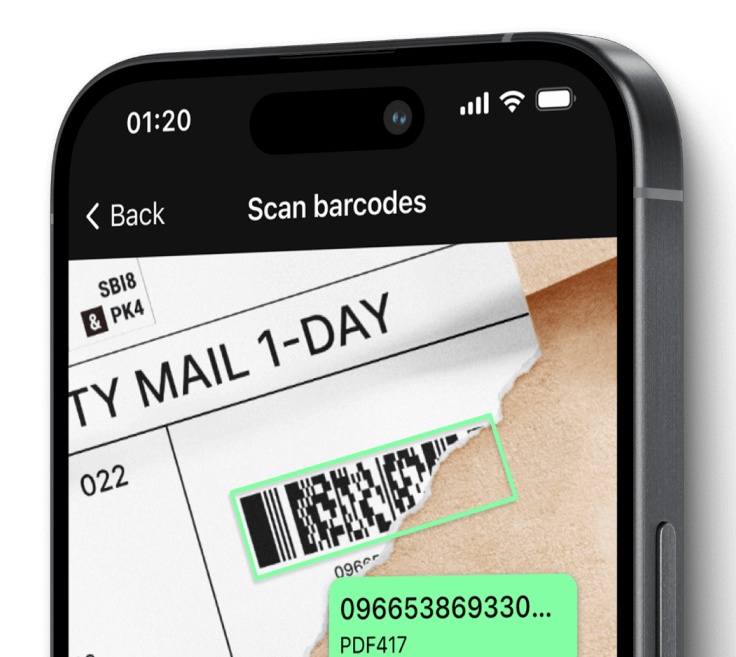 Phone UI showing damaged barcode