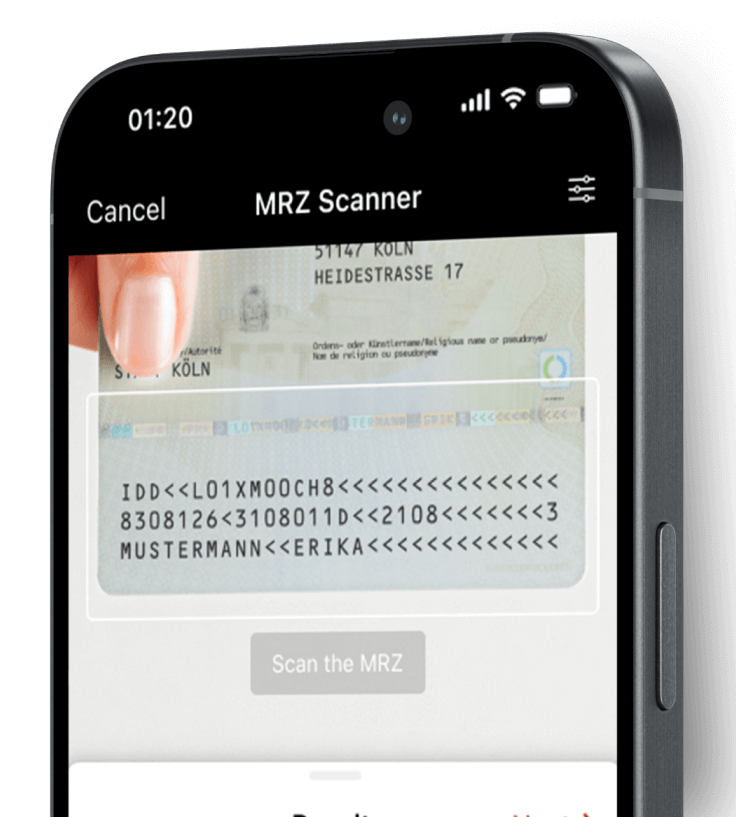 Phone UI showing MRZ being scanned