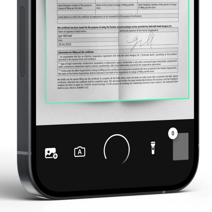 Phone UI showing document being scanned