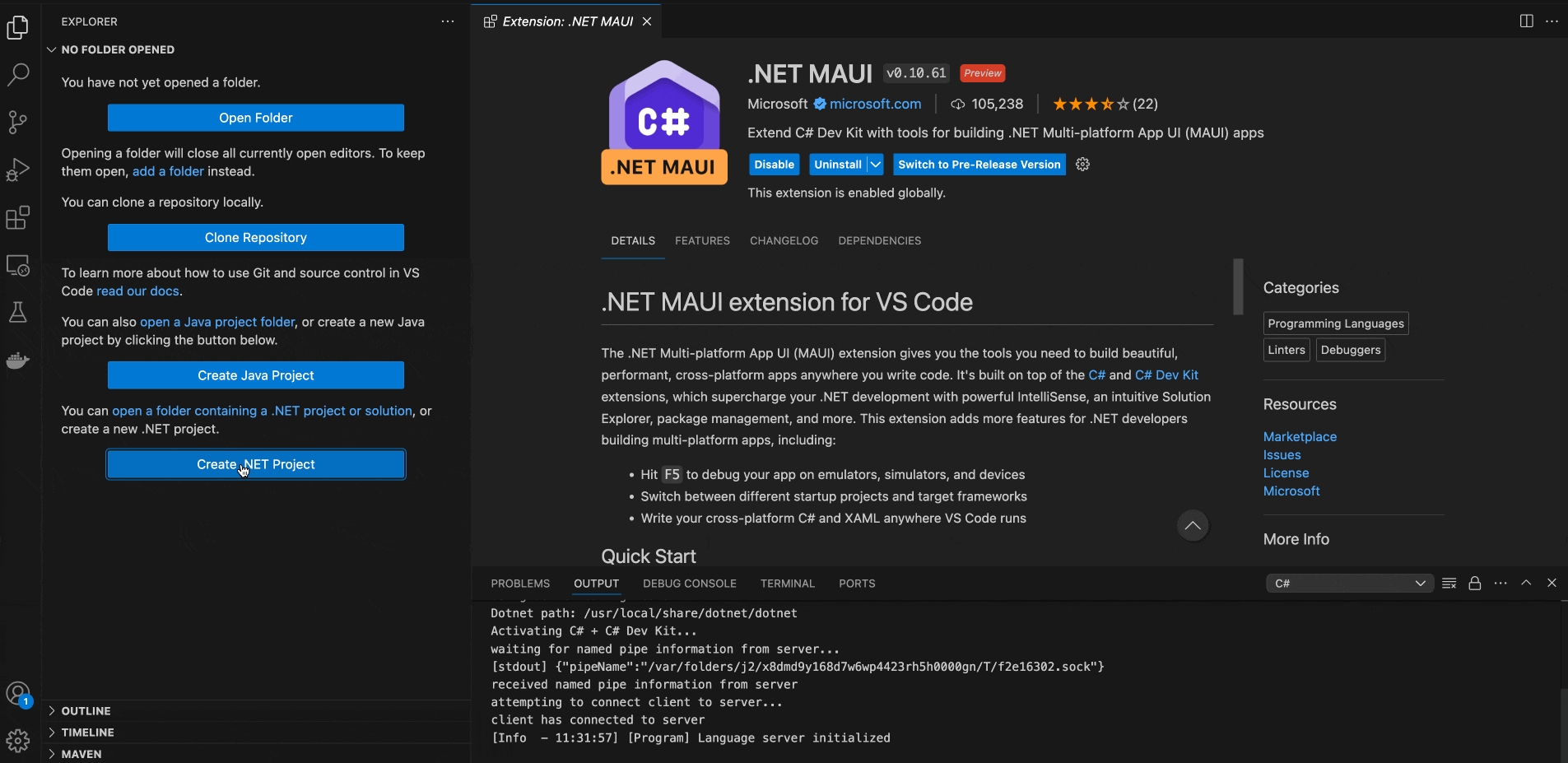 Installing the .NET MAUI extension in Visual Studio Code