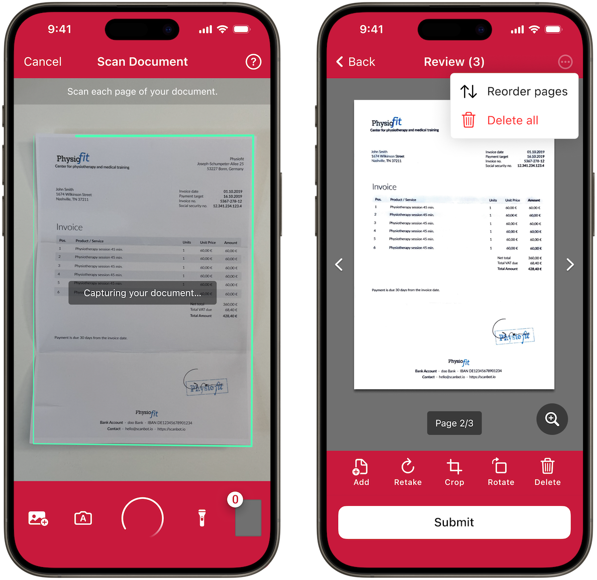 Scanning and Review screens of the Document Scanner RTU UI v.2.0