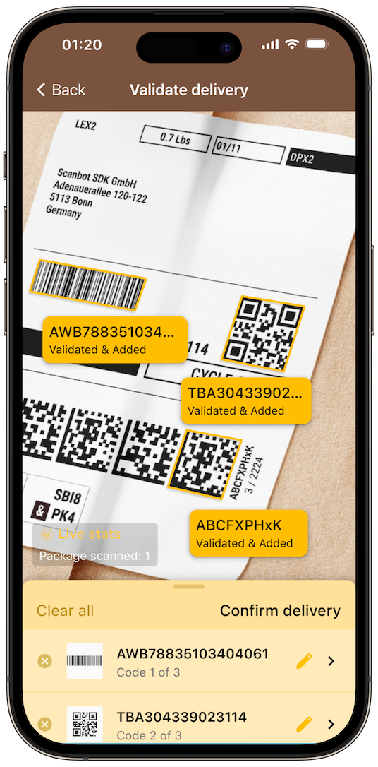 Confirming deliveries in a delivery barcode scanner app