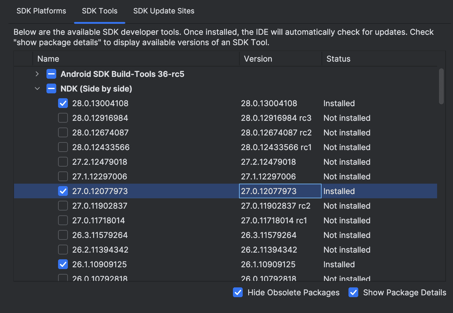 Checking the installed NDK versions in Android Studio's SDK Manager