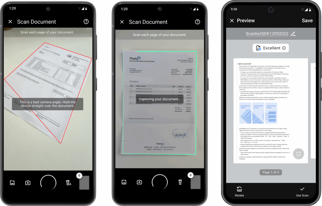 Scanbot Document Scanner SDK UI screens showing user guidance features, automatic cropping and reviewing functionalities.