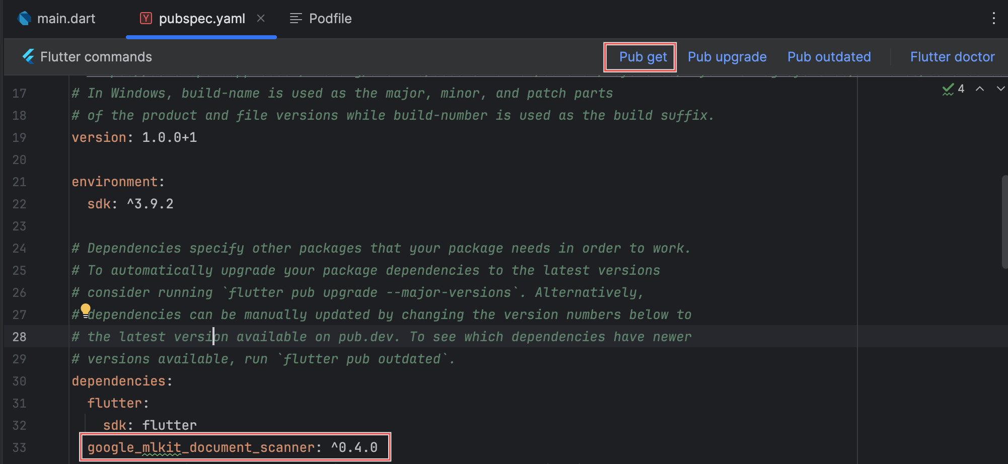 flutter-mlkit-tutorial-screenshot-03 The pubspec.yaml file in Android Studio