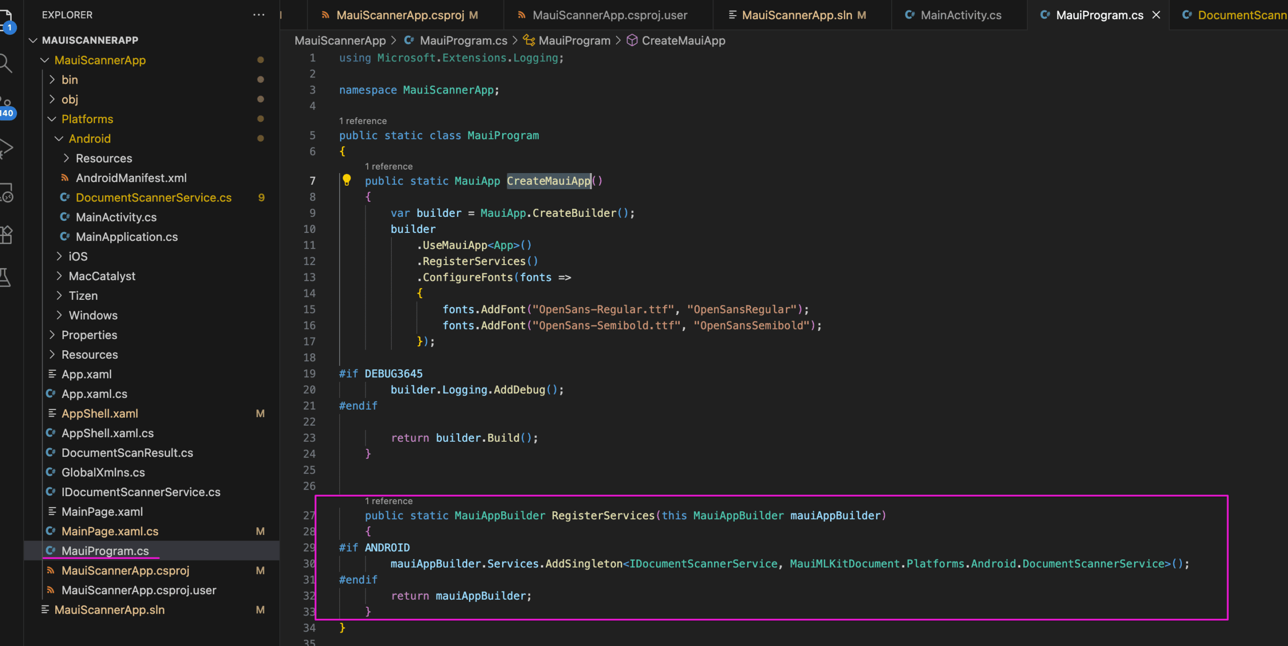 net-maui-mlkit-document-scanner-tutorial-screenshot-02 Registering the IDocumentScannerService in MauiProgram.cs