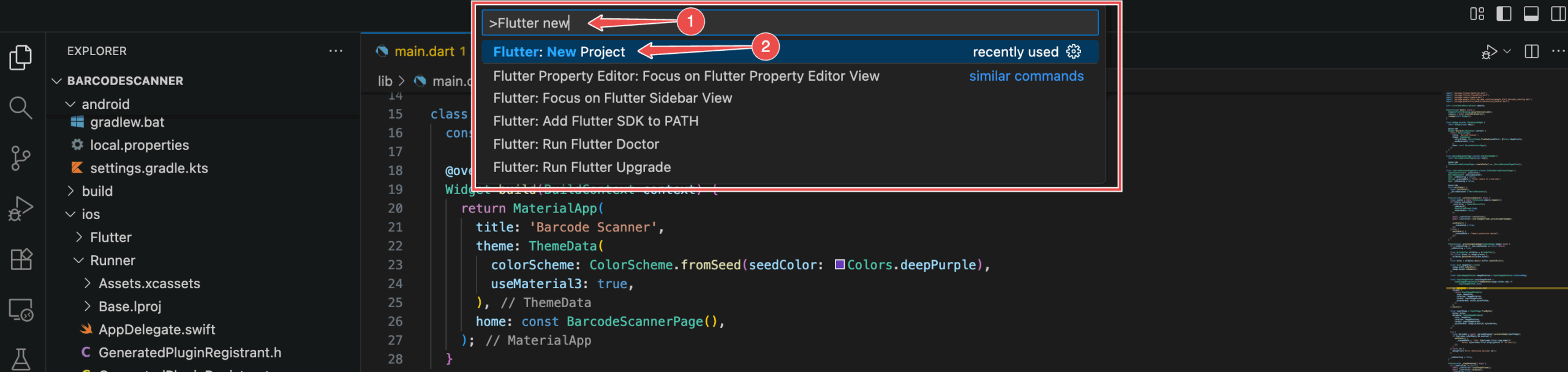 Creating a new Flutter project using the command palette