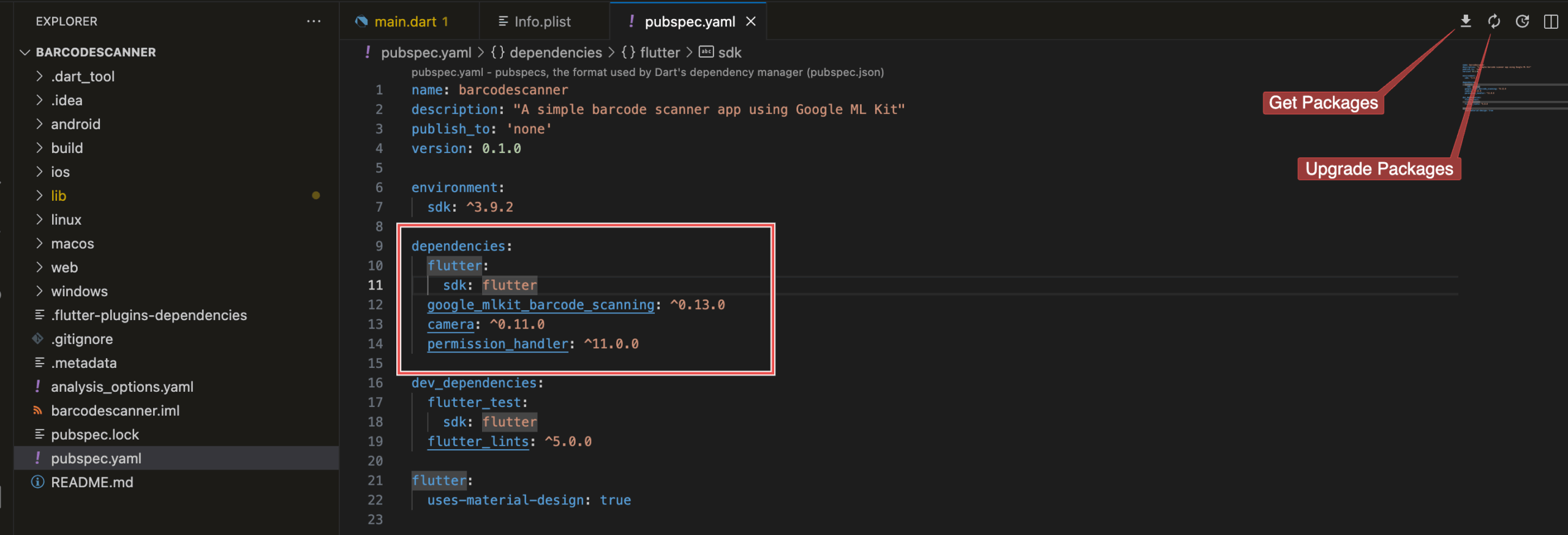 Adding and getting the Flutter dependencies