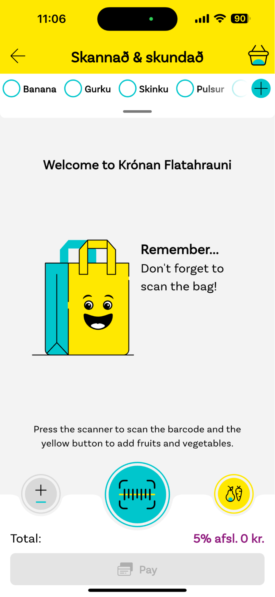 Screen in the Krónan app that shows the button to start the barcode scanner