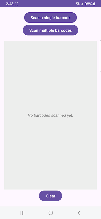 The start screen in our ZXing Android example app